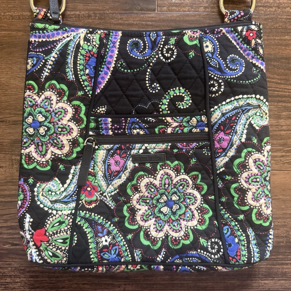 Vera Bradley Midnight Paisley On The Go Crossbody Bag Quilted Floral Black Neon